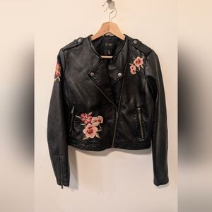 Jessica Simpson Floral Embroidered Black Moto Jacket Women's Size Medium